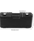 Built Like A Tank Electric Pipe Threader Machine With Six Interchangeable Die Heads And Portable Ratchet Grip carrying case, black, dimensions shown.