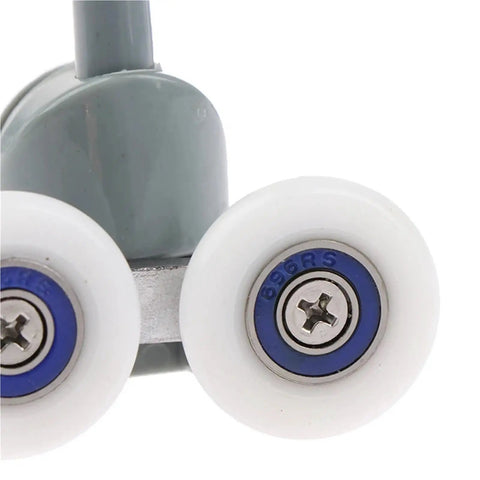 Top Shelf Shower Door Rollers Double Gliding Heavy Duty Zinc Alloy Pulleys with white wheels and grey mount for quiet operation.