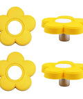 Fresh Yellow Flower Design Rubber Cabinet Knobs With Mounting Hardware For Kids Rooms And Closets Dope Soft Grip Drawer Pulls Zinc Alloy Build Super Slick Home Accents Solid Flex Comes Ready For Quick Install set of four knobs with zinc base.