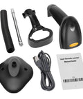 Barcode Scanner With Adjustable Stand USB Wired Handheld Laser Reader with cable, stand parts, and manual guide.