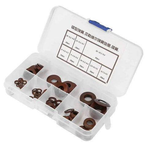 Beefed Up Belleville Compression Spring Disc Washer set in plastic case, 6-20 mm steel washers for clutches and valves