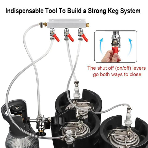 Heavy Duty Co2 Gas Manifold Splitter With 5/16 Inch Barb Fittings, 3-way aluminum draft divider connected to kegs.