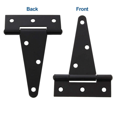 Front and back view of Ten Pack 4 Inch T Strap Tee Hinge Heavy Duty Black Barn Door Hinges for Wooden Fences.