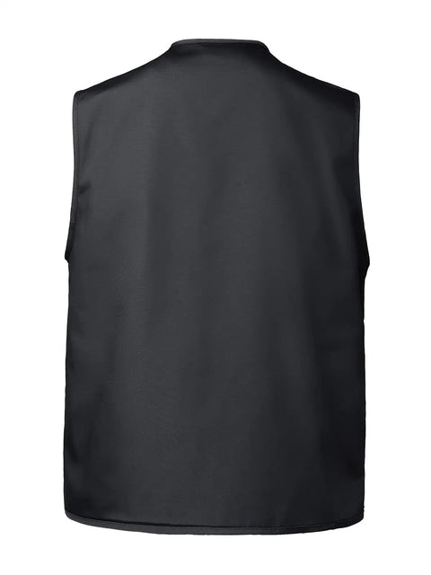 Back view of Kickass Lightweight Carpenter Work Vest For Electricians And Woodworkers featuring durable black material.