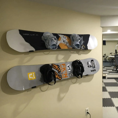 Rock Hard Premium Aluminum Snowboard Wall Mount Rack With Grippy Eva Padded Skis Display Hanger For Garage Home Storage Heavy Duty Brackets Double Pack Set with two mounted snowboards.