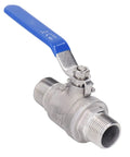 Built Like A Tank 304 Stainless Steel Ball Valve 3/4 Inch Npt Male Thread Featuring Heavy Duty Kickass Seals And A Rock Solid 1000 Wog Rating For Daily Plumbing Jobs with blue lever.
