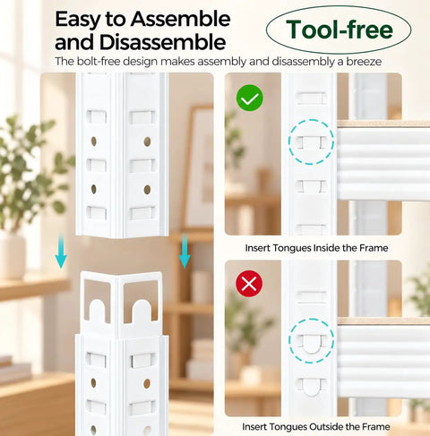 Top Shelf Heavy Duty Storage Shelves, Super Adjustable Boltless Metal Garage Rack With Thick MDF Boards And Badass 1900 Lb Capacity For Workshop Or Office. Zero Sweat Setup, Rock Solid Steel Frame In Clean White, tool-free assembly illustration.