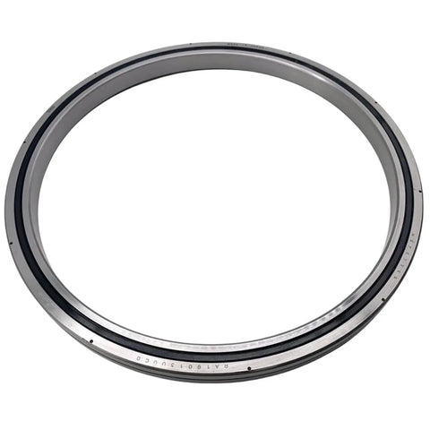High Performance Cross Roller Ring RA6008 Slewing Bearing For Industrial Robot Arms, silver metal construction with black seal.