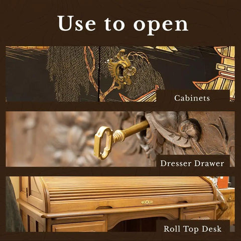 Solid Brass Skeleton Key used for cabinets, dresser drawers, and a roll top desk with vintage style.
