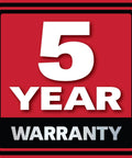 Red and black logo indicating a 5-year warranty for the Beefy 8-Inch Jointer With Straight Knives, 2 HP 230V Single-Phase.