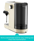 Side view of Barista Worthy Home Espresso Machine With 20 Bar Pressure, Stainless Steel Coffee Maker, cream finish, detachable water tank.