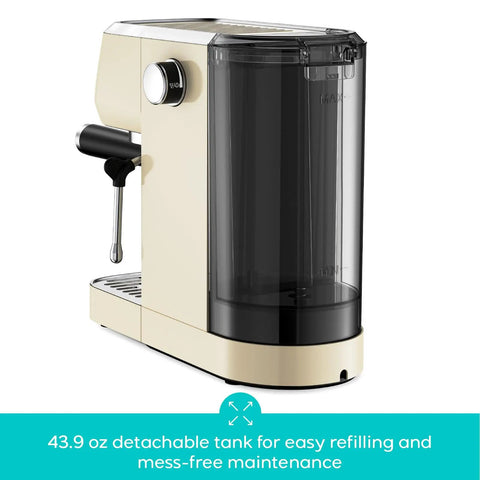 Side view of Barista Worthy Home Espresso Machine With 20 Bar Pressure, Stainless Steel Coffee Maker, cream finish, detachable water tank.