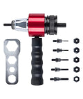Red Rivet Nut Adapter Kit For Cordless Drill, Quick-Change Blind Riveter Insert with components for Auto and Metalwork projects.