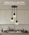 Three Light Pendant Light With Clear Glass Shades, Matte Black Finish, Adjustable Height Industrial Retro Ceiling Hanging Lamp Over Kitchen Island