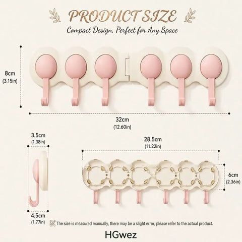 Super Slick Punch Free Wall Hook Rack With 180 Degree Swivel Design And Six Sturdy Hooks, size dimensions illustration.