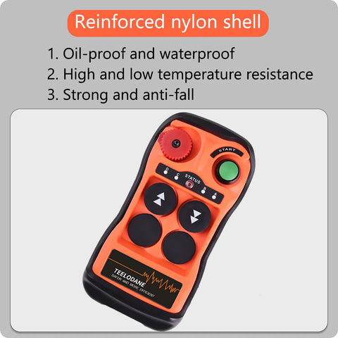 Front view of orange Q200 industrial wireless crane remote control with green start button and red dial