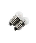 Pack Of Ten Heavy Duty E10 Mini Bulbs featuring slick screw bases in a close-up view, ideal for flashlights and science kits.