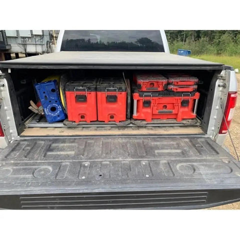 Truck bed with Weather Seal Tool Box With Organizer Bins 75 Lbs Capacity, Built To Last Modular Storage System visible inside.