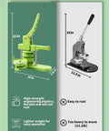 Front and side views of Happizza 75mm button maker kit; green press and silver lever press with handle