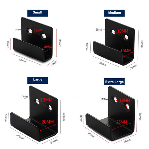 Six Pack Built Different Stainless Steel Wall Mount Brackets Heavy Duty Ceramic Display Hooks For Hanging Mirrors Picture Frames And Wall Art Black Metal Finish With Included Screws Secure Grip showing sizes small, medium, large, extra large.