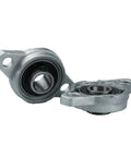 Premium Built Tough Zinc Alloy Pillow Block Ball Bearing Self Aligning Design close-up showing two bearings with mounting holes.