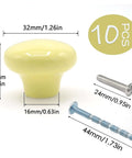 Light Yellow Ceramic Cabinet Knobs And 32 Millimeter Round Drawer Pulls Featuring A Knockout Matte Finish And Dang Easy Hardware Setup For Kitchen Cupboards And Vanities Snagged In A Ten Pack Bundle with measurements.