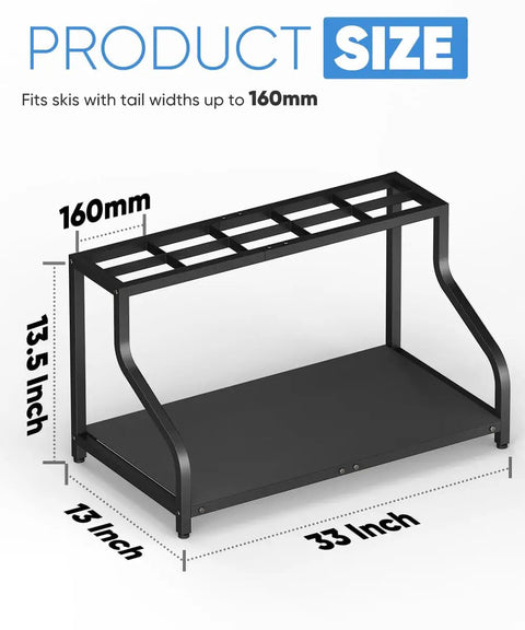 Badass Heavy Duty Wall Mount Ski And Snowboard Storage Rack For Garage Holds Four Pairs With Helmet Goggle Gloves Organizer Shelf Solid Black Winter Gear Setup, measures 33x13x13.5 inches.
