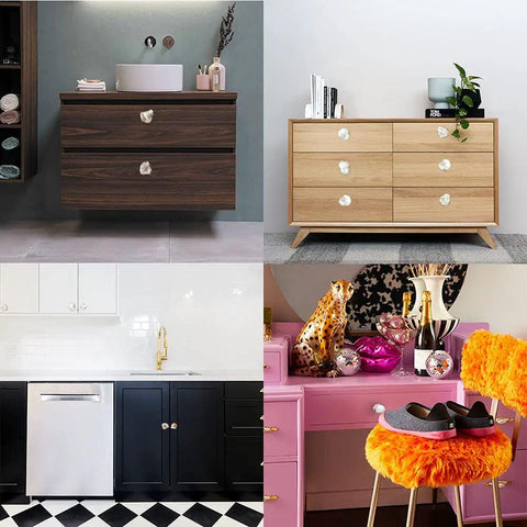 Set Of Natural White Quartz Geode Cabinet Knobs With Gold Plated Drawer Pulls Unique Irregular Crystal Stone Hardware total room glow up used in stylish furniture setups.