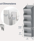 Five Tier Over The Door Hanging Storage Rack With Super Deep Pockets Absolute Game Changer For Cramped Dorm Rooms And RVs dimensions and hooks showcase.