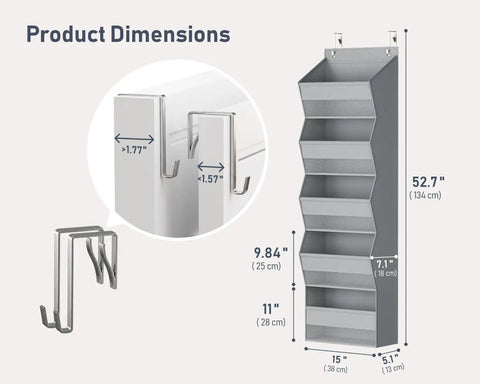Five Tier Over The Door Hanging Storage Rack With Super Deep Pockets Absolute Game Changer For Cramped Dorm Rooms And RVs dimensions and hooks showcase.