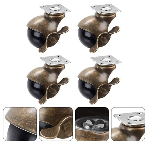 Vintage Brass Casters With Lockable Swivel Wheels For Badass Heavy Duty Furniture Featuring Rock Solid 360 Degree Rotation and Slick Industrial Hardware close-up of wheels