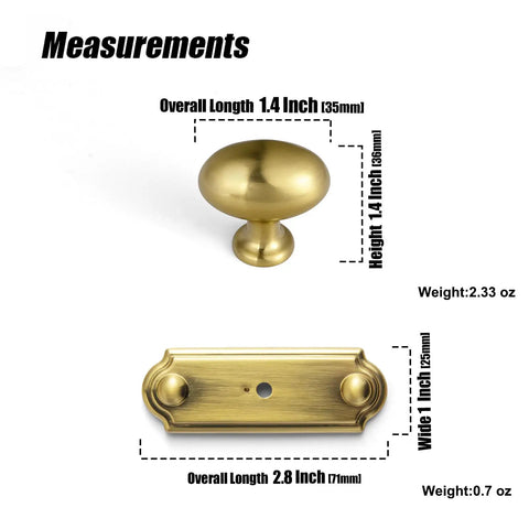 Brushed Gold Oval Cabinet Knobs Mounted On Square Backplates, Killer Hardware For Cupboards And Dressers, Anti Corrosion Finish That Is Slick And Durable, Total Game Changer, 6 Pack measurements displayed