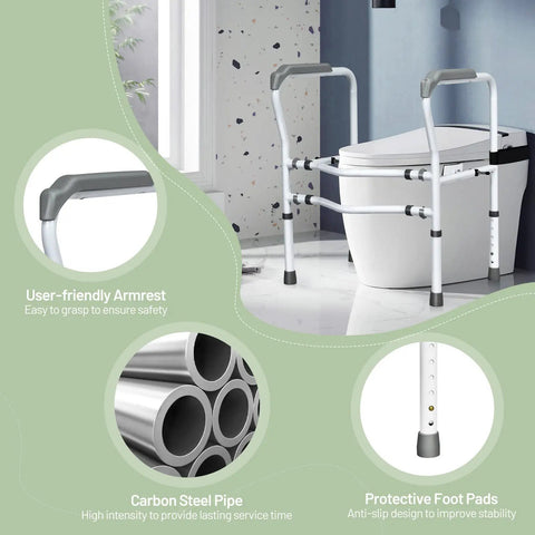 Heavy Duty Adjustable Toilet Safety Frame And Rail For Elderly Bathroom Assist With Rock Solid Non Slip Grab Bars, user-friendly armrest.