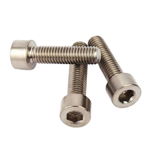 Pure Titanium Grade 2 Hex Socket Cap Screws M4 Featuring Din 912 Engineering Plus Rock Solid Corrosion Resistance For Heavy Duty Builds Hella Lightweight And Totally Worry Free Fastening Solution For Top Shelf Projects 100 Count Box - Close-up of three screws.