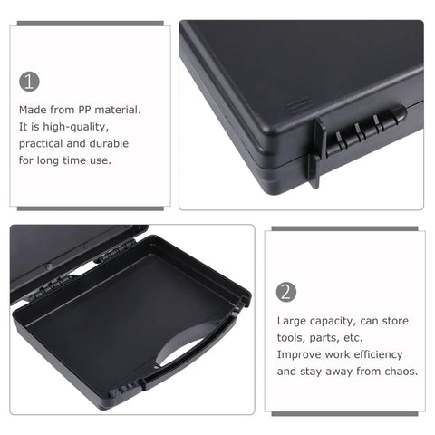 Heavy Duty Black Polypropylene Toolbox Organizer With Reinforced Carry Handle And Tight Seal Lids For Sorting Hand Tools Fasteners And Workshop Gear That Is Built Different And Ready For Any Job Site, showing closed design and large storage capacity.