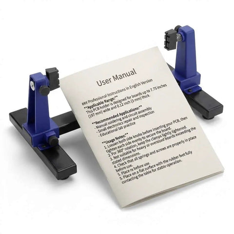 Adjustable PCB Holder Frame with 360 Degree Rotation for Soldering and Pro Grade Repairs shown with user manual