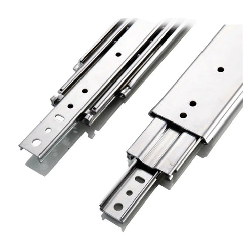 Super Rock Solid Full Extension Drawer Slides Ball Bearing Side Mount Cabinet Runners Soft Close Glide 52 Inch Heavy Duty Metal Tracks close-up of metal tracks