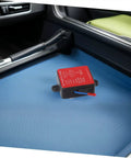 No Sweat Auto Rescue 30G Fire Extinguisher With Super Sticky Back Adhesive For Sedans Trucks And Trailers on blue seat.