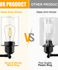 Comparison of outdoor wall light fixtures with clear glass shade showing 3mm thicker glass and metal ring vs. 2mm glass and plastic ring.
