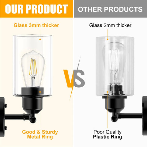 Comparison of outdoor wall light fixtures with clear glass shade showing 3mm thicker glass and metal ring vs. 2mm glass and plastic ring.