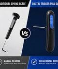 Comparison of Dead On Digital Trigger Pull Scale With Hook Gauge and traditional spring scale, showing features and display.