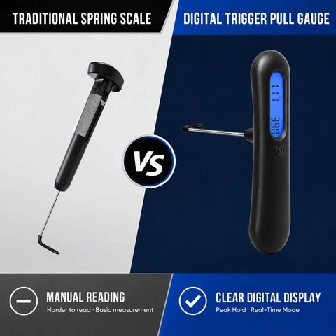 Comparison of Dead On Digital Trigger Pull Scale With Hook Gauge and traditional spring scale, showing features and display.