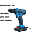The 21V Cordless Power Drill Kit Is A Solid Heavy Lifter Featuring Brushless Motor 2 Speed Settings For Hassle Free Metal And Concrete Jobs Powered By A Rechargeable Battery That Handles Everything, showing a blue lithium-ion battery drill with powerful motor.