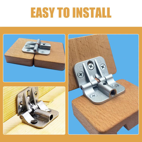 GOOHOCHY 2pcs adjustable torque cabinet hinges, zinc alloy silver, 90° drop-leaf table hardware; front/side/installed views.