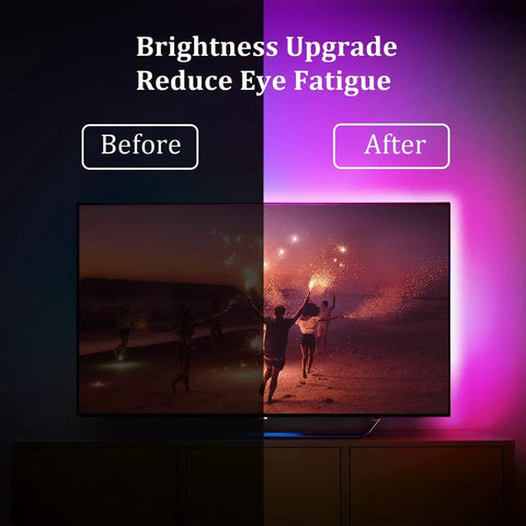 Before and after of RGBIC LED TV Backlight Strip For 55 To 65 Inch TVs With Screen Sync, showing brightness upgrade effect.