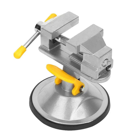 360 Degree Rotating Table Vise With Suction Cup Base For Jewelry Repair And DIY Bench Work Compact Lightweight Portable Clamp For Stable Hold And Easy Angles On Any Surface, silver metal bench vise with yellow handles