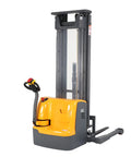 Heavy Duty Electric Pallet Stacker Featuring A Killer 3300 Pound Lift And A Rock Solid 220 Inch Reach crafted for warehouse use, showing front view.