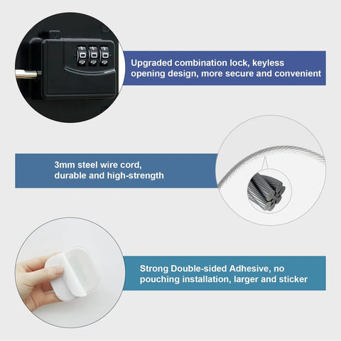Adhesive Refrigerator Locks 2 Pack With Three Digit Combination No Drilling Easy Install Child Proofing For Toddlers And Kids Freezer Locks Safe Cabinet Locks For Fridges Freezers And Cabinets In Busy Homes featuring combination lock, steel wire cord, and adhesive pad.