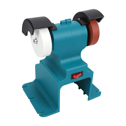 Rock Solid Cordless Bench Grinder With Dual Coarse And Fine Grinding Wheels For Metal Sharpening And Polishing Featuring Supercharged Full Copper Motor And Portable Design. Close-up view of dual grinding wheels on the grinder.