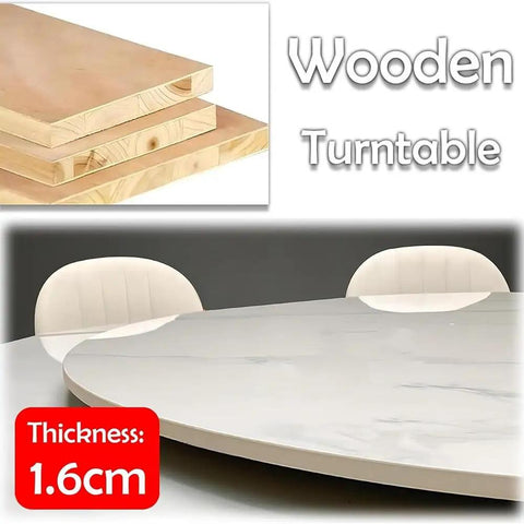 Kick Up Your Table Game With This 80 Cm Wooden Lazy Susan Turntable Smooth Rotating Serving Tray on a marble table with chairs.
